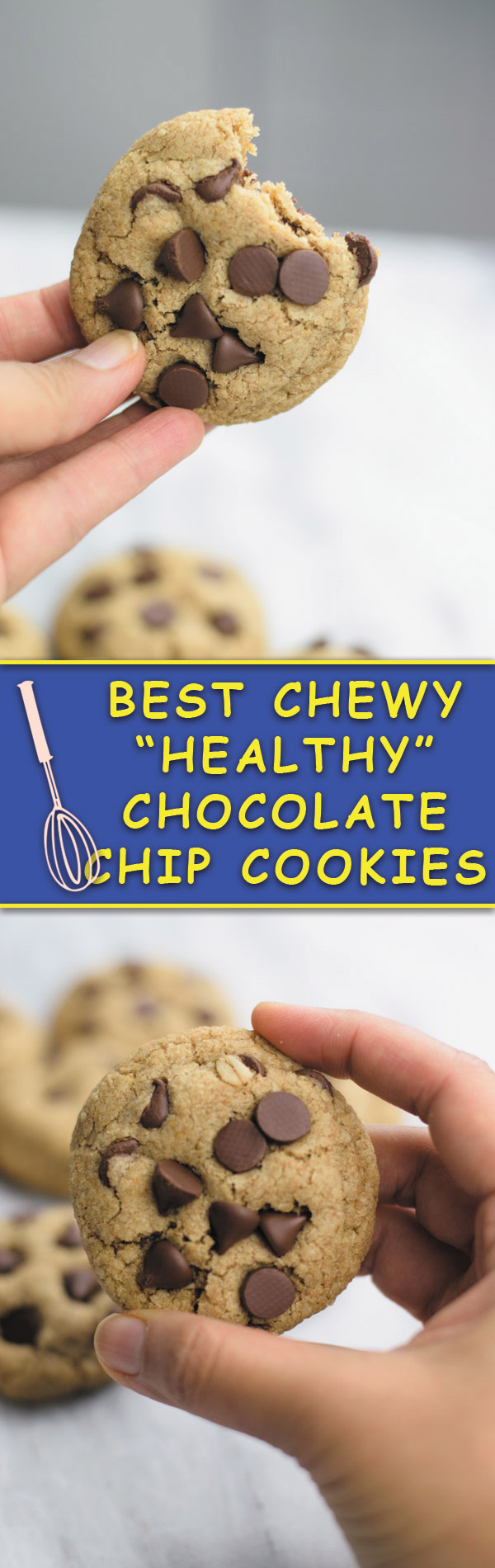 best chewy healthy chocolate chip cookies - THESE cookies have half the fat or regular chocolate chip cookies BUT SAME GREAT SOFT & CHEWY taste! Whole wheat flour and oats make it extra good!