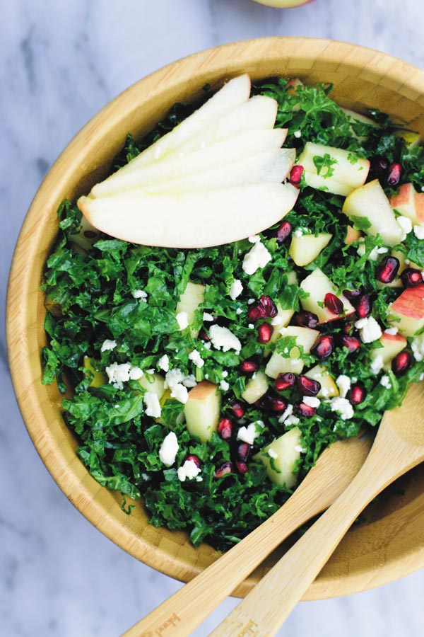 Crunchy Kale Salad - Trying to eat healthier but looking for SIMPLE & DELICIOUS SALADS? This crunchy kale salad with finely chopped kale, apples, pear and feta and a light dressing makes for a yummy fresh salad! Most POPULAR salad at our place.