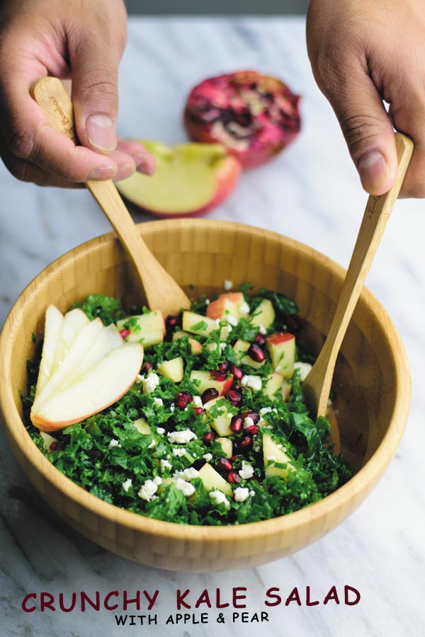 Crunchy Kale Salad - Trying to eat healthier but looking for SIMPLE & DELICIOUS SALADS? This crunchy kale salad with finely chopped kale, apples, pear and feta and a light dressing makes for a yummy fresh salad! 