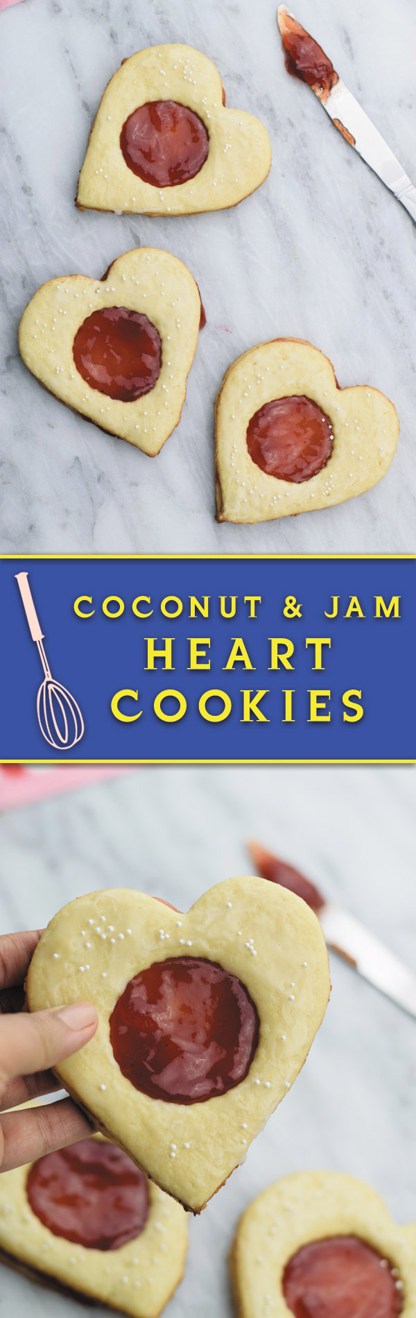 Coconut & jam heart cookies - Coconut cookies with strawberry jam sandwiched in between. Perfect valentines day treat or anytime snack!