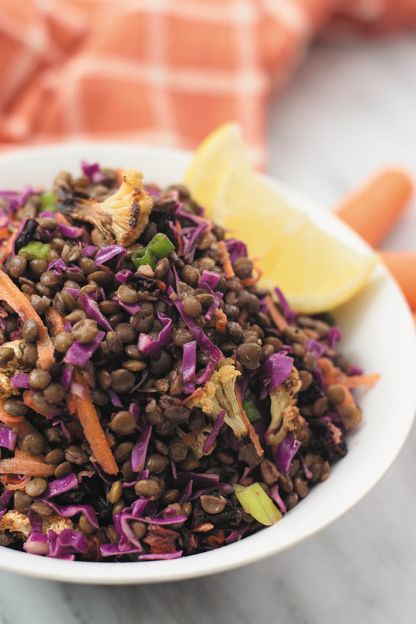 Roasted Vegetable Lentil Salad - Delicious & healthy LENTIL SALAD with roasted vegetables, crunchy cabbage & carrots and simple vinegar & olive oil dressing! Super filling & so good warm or at room temperature!