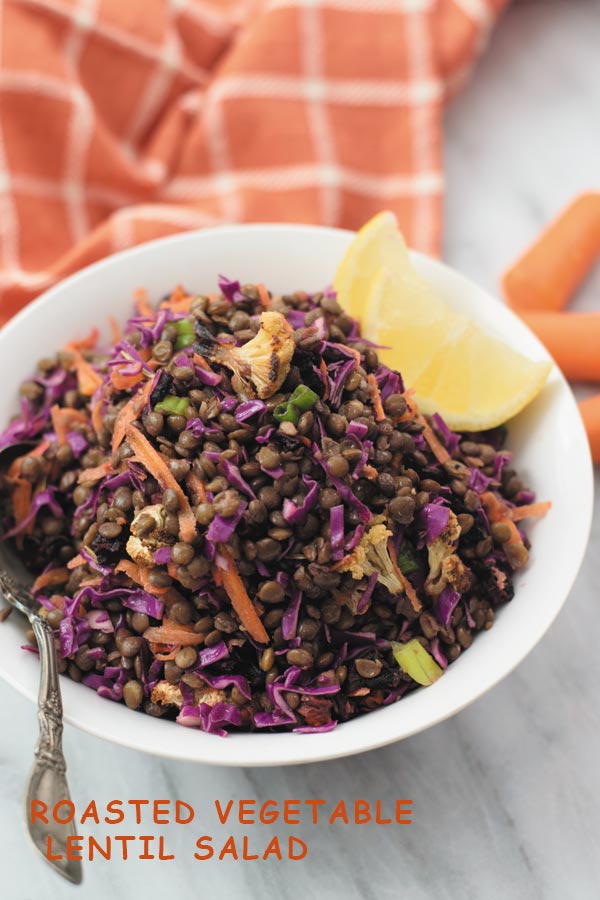 Roasted Vegetable Lentil Salad - Delicious & healthy LENTIL SALAD with roasted vegetables, crunchy cabbage & carrots and simple vinegar & olive oil dressing! Super filling & leftovers are great for lunch throughout the week.