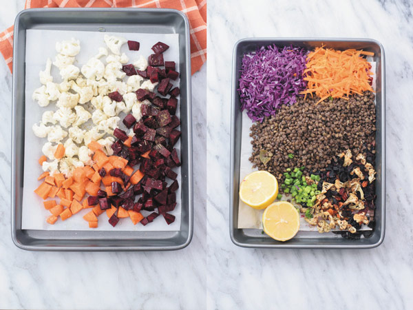 Roasted Vegetable Lentil Salad - Delicious & healthy LENTIL SALAD with roasted vegetables, crunchy cabbage & carrots and simple vinegar & olive oil dressing! Super filling & so good warm or at room temperature!