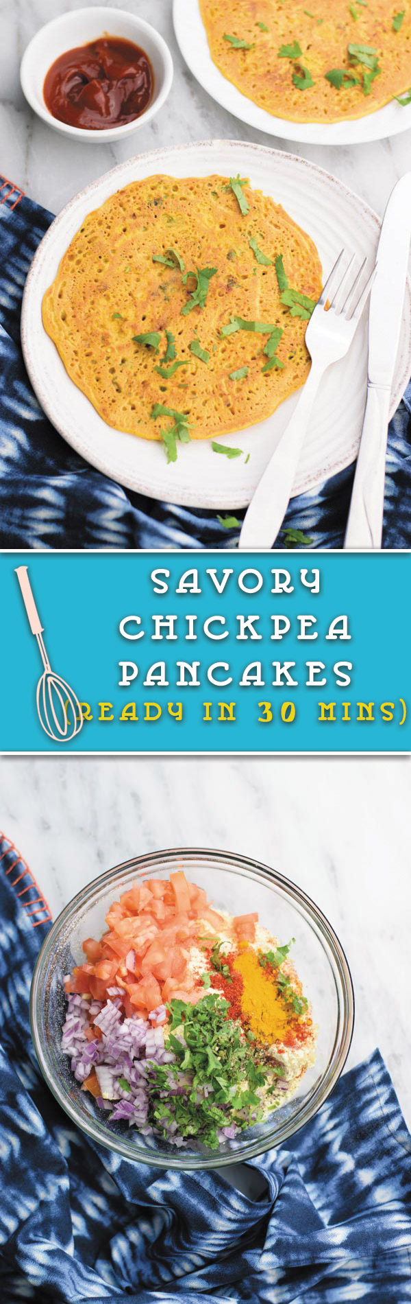 Savory chickpea pancake - just 11 basic PANTRY INGREDIENTS to make these soft flavorful chickpea batter pancakes with veggies. POPULAR as breakfast, brunch or even dinner time meal!