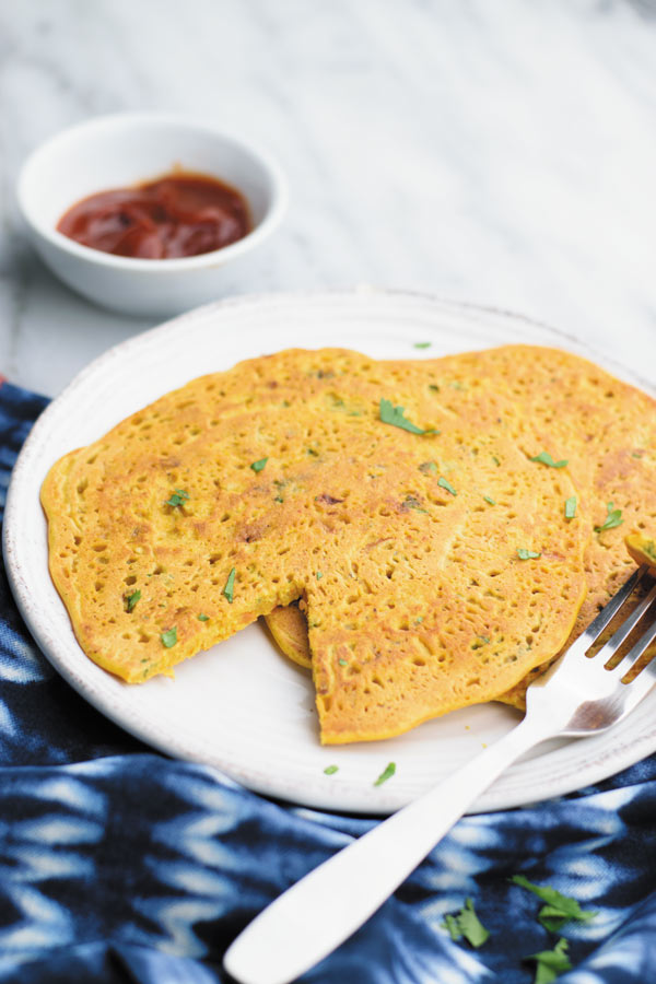 Savory chickpea pancake - just 11 basic PANTRY INGREDIENTS to make these soft flavorful chickpea batter pancakes with veggies. POPULAR for any MEAL of the day! FILLING & so good!