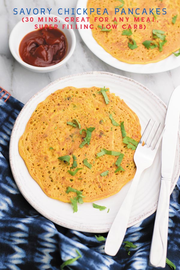 Savory chickpea pancake - just 11 basic PANTRY INGREDIENTS to make these soft flavorful chickpea batter pancakes with veggies. POPULAR as breakfast, brunch or even dinner time meal!