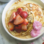 toasted almond strawberry pancakes breakfast title - Delicious & Easy FROM SCRATCH pancakes with TOASTED ALMONDS & STRAWBERRIES. This combination tastes so good!