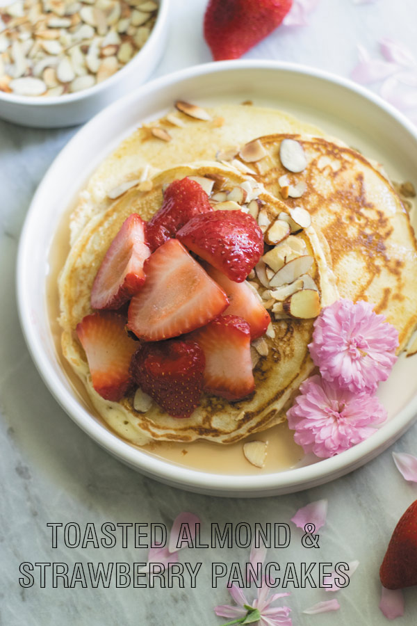 toasted almond strawberry pancakes breakfast title - Delicious & Easy FROM SCRATCH pancakes with TOASTED ALMONDS & STRAWBERRIES. This combination tastes so good!