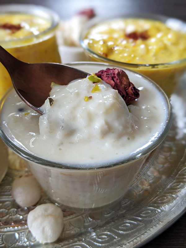 Foxnut (makhane) & cardamom rice pudding ready in bowls chilled