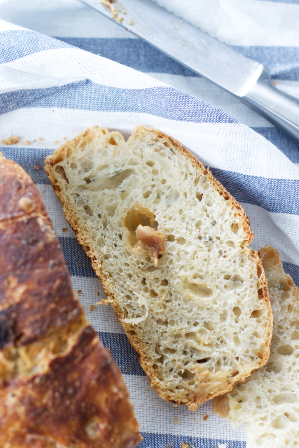 roasted garlic and rosemary no knead bread ready