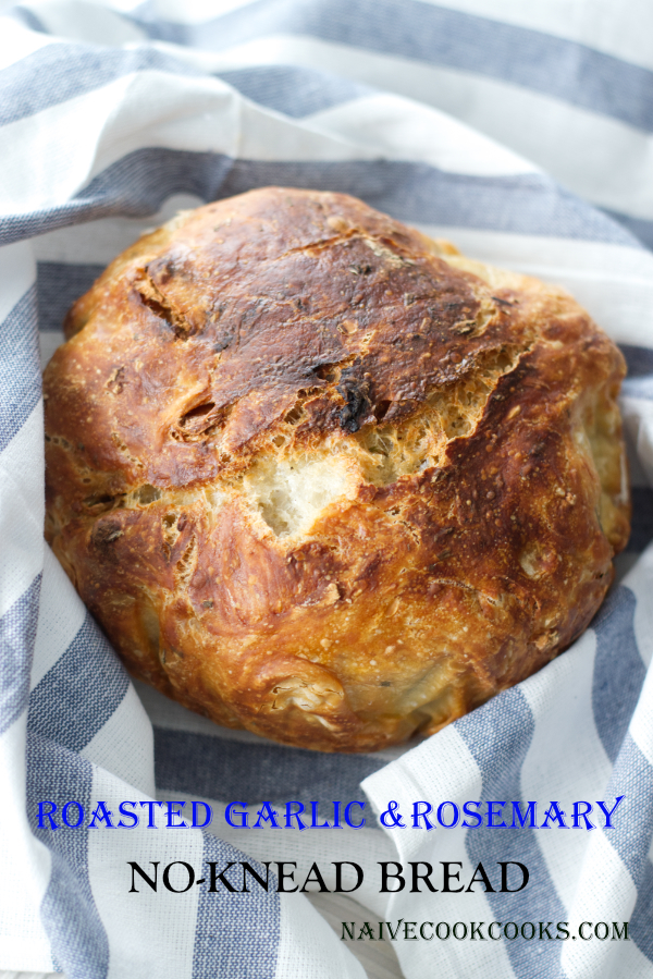 roasted garlic and rosemary no knead breadTITLE